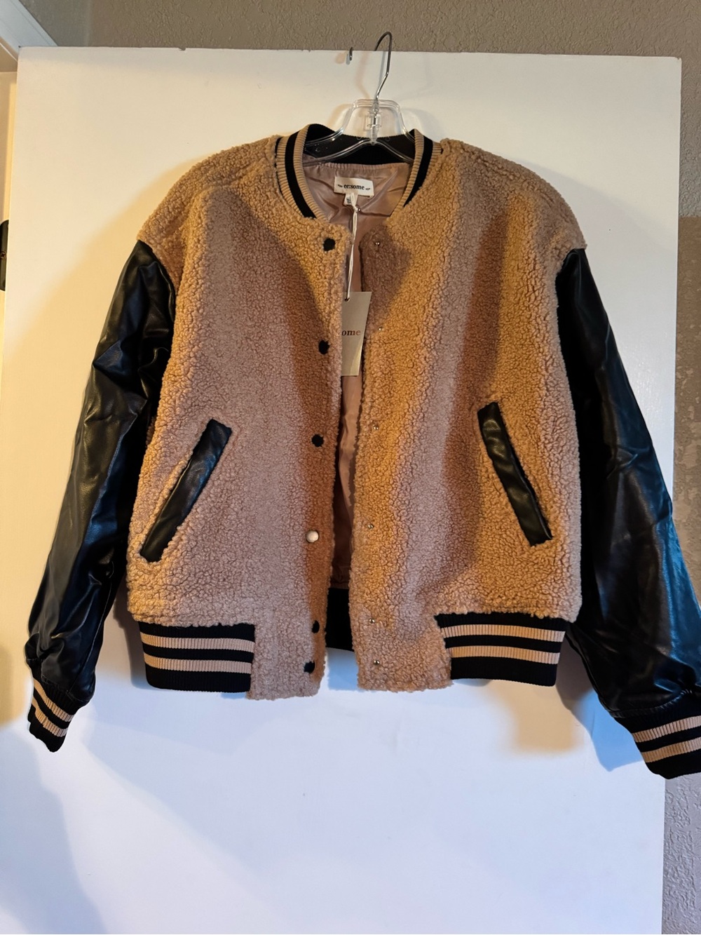 Sherpa Bomber Jacket with Black Faux Leather Sleeves